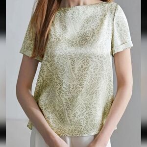 Motf Silk Boatneck Green Leaf Spring Blouse Top Women's Size XS